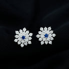 Created Blue Sapphire and Moissanite Cluster Statement Stud Earrings Lab Created Blue Sapphire - ( AAAA ) - Quality - Rosec Jewels