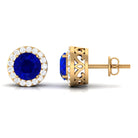 Created Blue Sapphire and Diamond Classic Halo Stud Earrings Lab Created Blue Sapphire - ( AAAA ) - Quality - Rosec Jewels