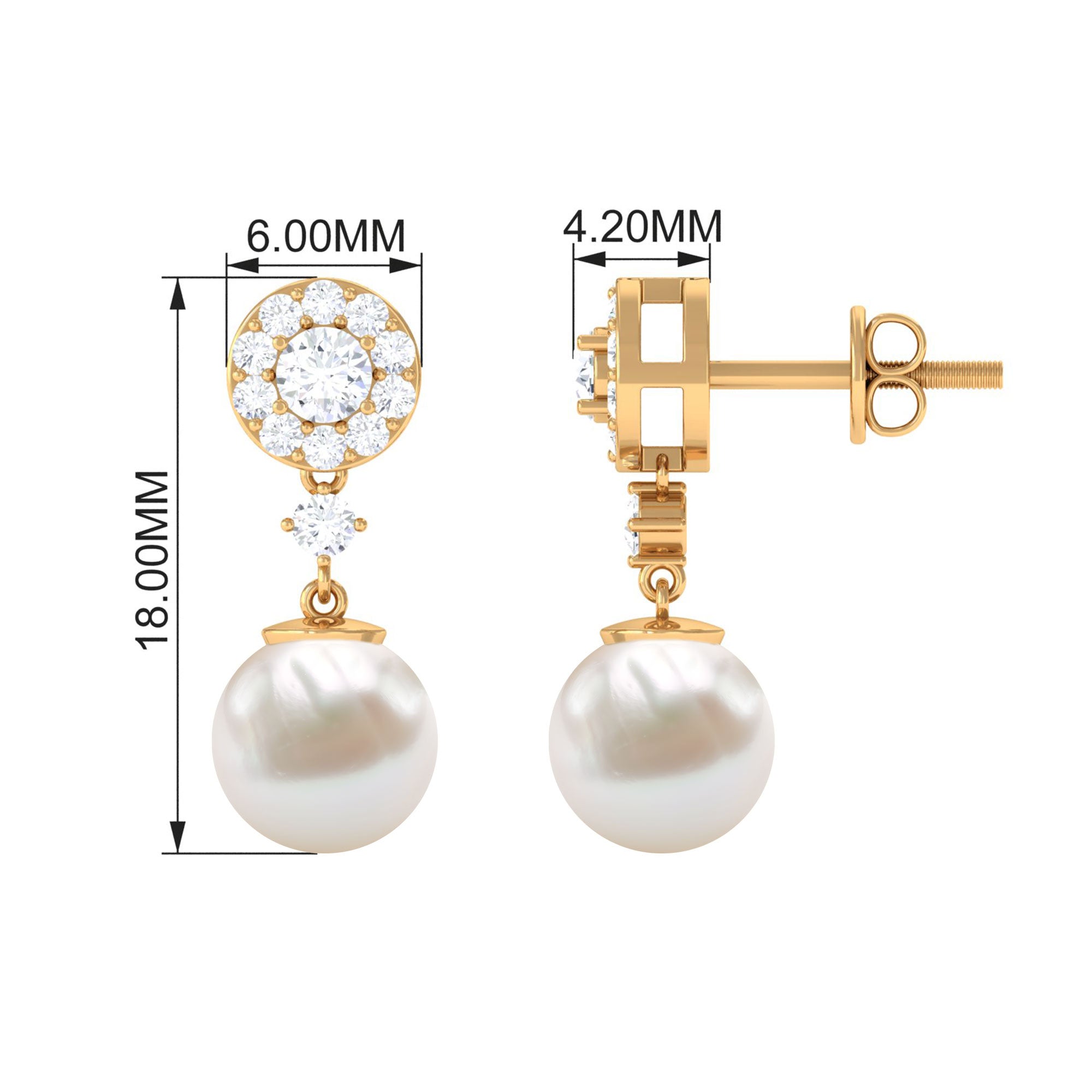 Elegant Freshwater Pearl Stud Drop Earrings with Diamond Freshwater Pearl - ( AAA ) - Quality - Rosec Jewels