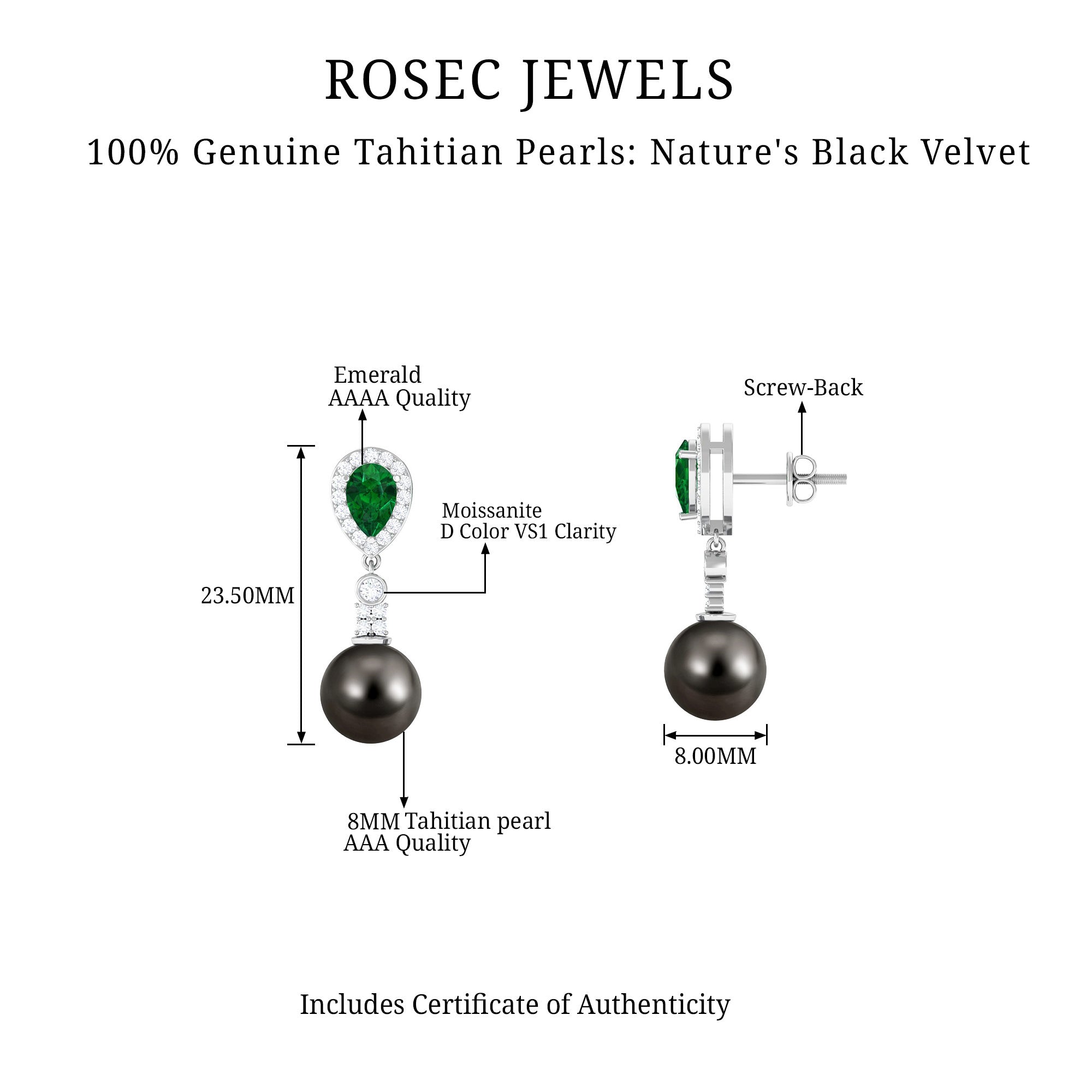 Tahitian Pearl and Created Emerald Drop Earrings with Moissanite Lab Created Emerald - ( AAAA ) - Quality - Rosec Jewels