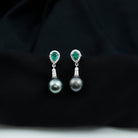 Vintage Looking Black Pearl Dangle Earrings with Emerald and Diamond AAA - Rosec Jewels
