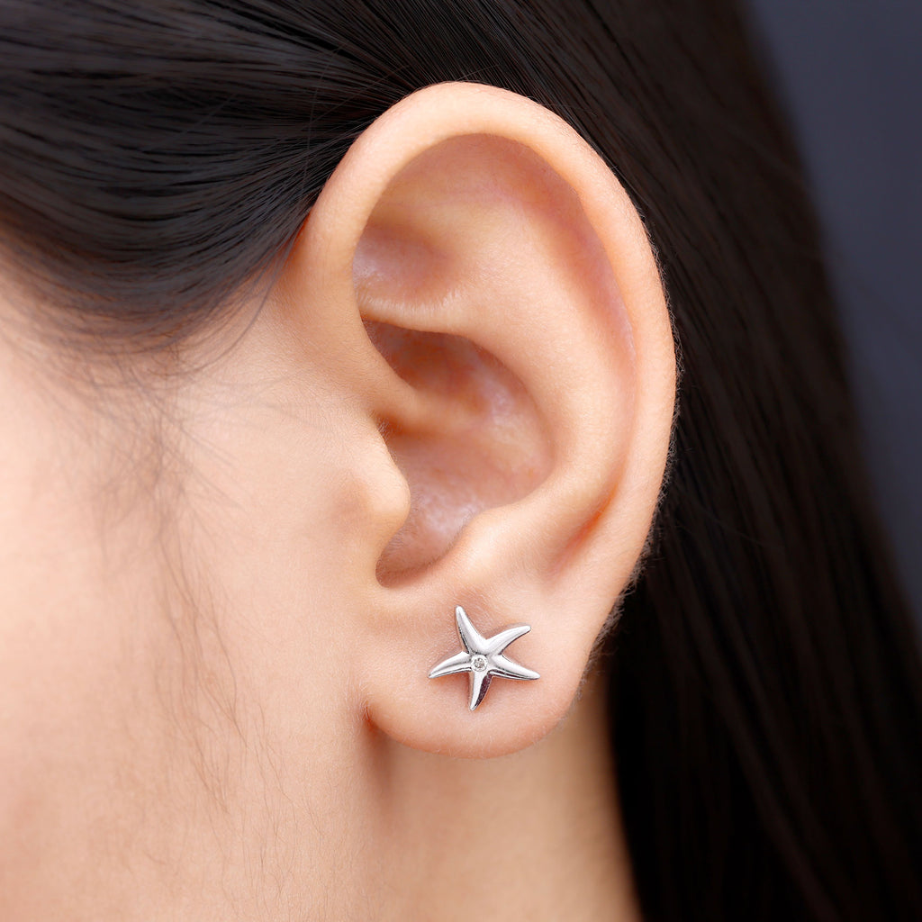 Bezel Set Round Moissanite Starfish Stud Earrings Moissanite - ( D-VS1 ) - Color and Clarity - Rosec Jewels