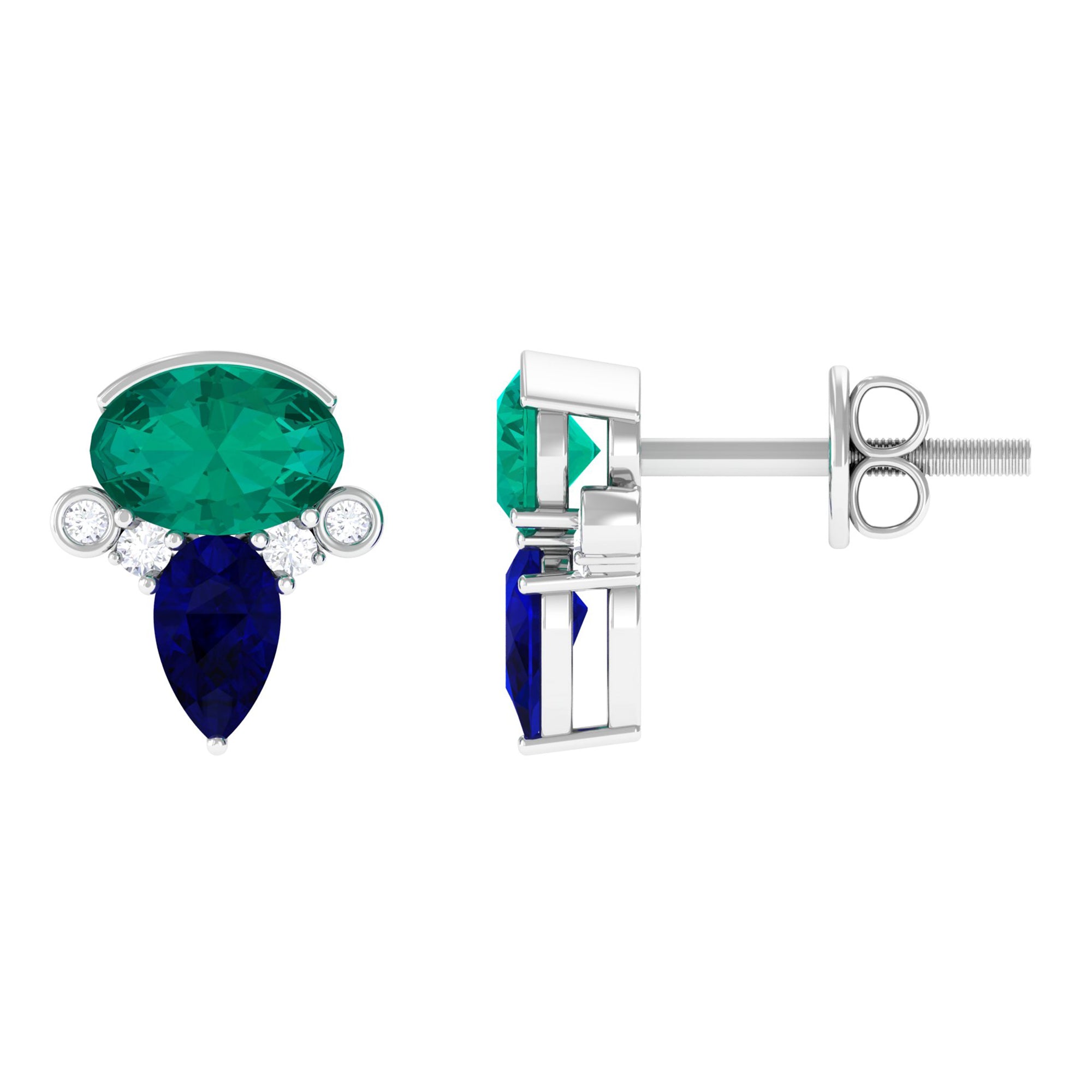 Created Emerald and Created Blue Sapphire Silver Cluster Stud Earring with Moissanite Lab Created Blue Sapphire - ( AAAA ) - Quality 92.5 Sterling Silver - Rosec Jewels