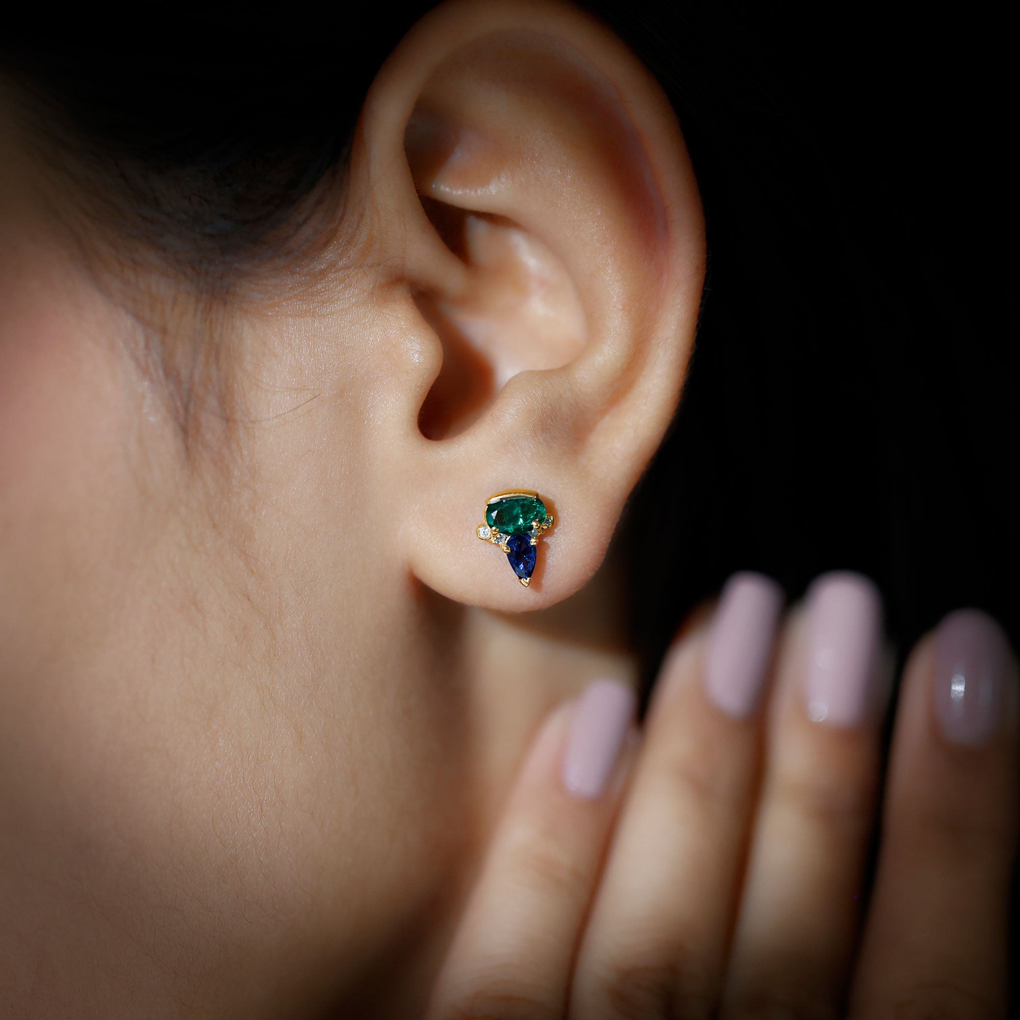 Created Emerald and Created Blue Sapphire Cluster Stud Earring with Moissanite Lab Created Blue Sapphire - ( AAAA ) - Quality - Rosec Jewels