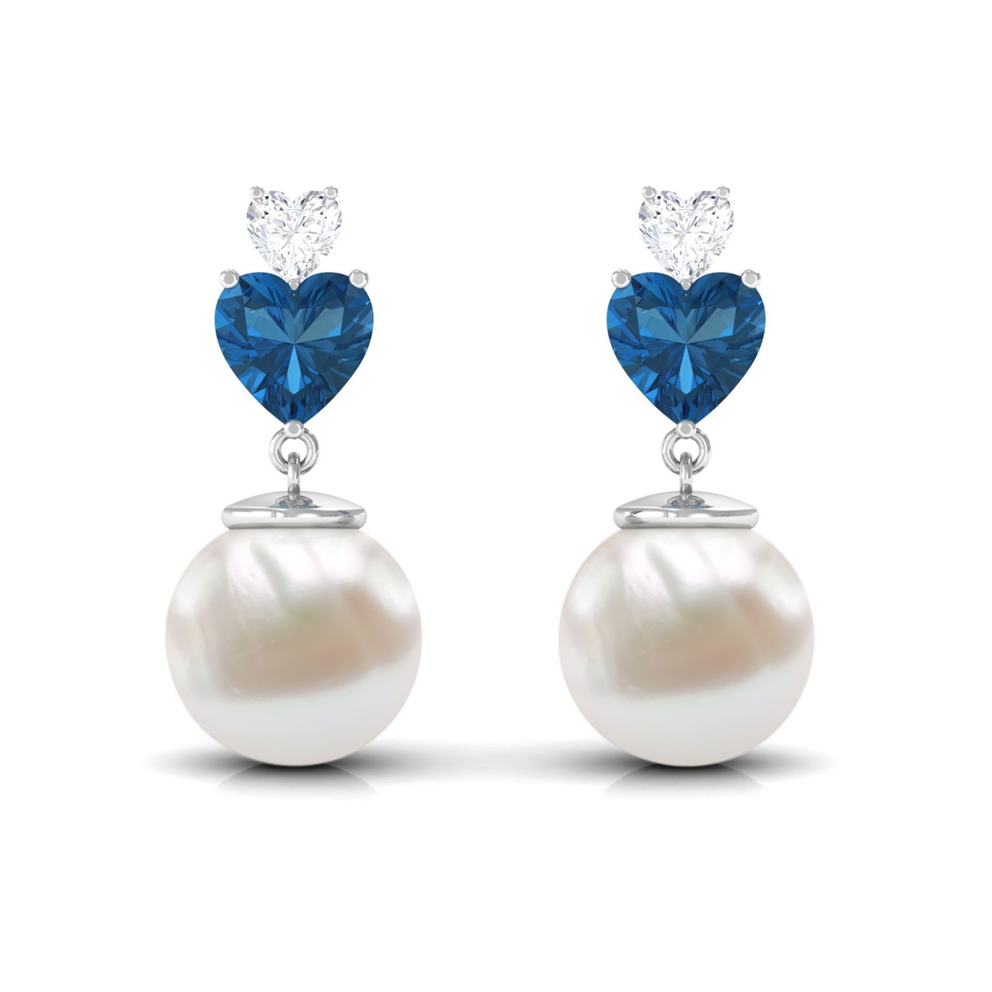 Freshwater Pearl Heart Stud Drop Earrings with London Blue Topaz