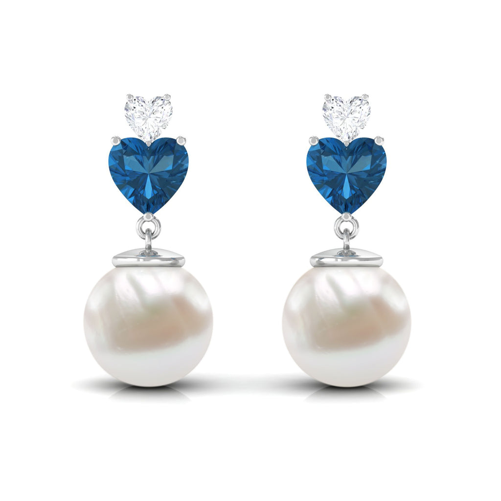 Freshwater Pearl Heart Stud Drop Earrings with London Blue Topaz and Moissanite Freshwater Pearl - ( AAA ) - Quality - Rosec Jewels