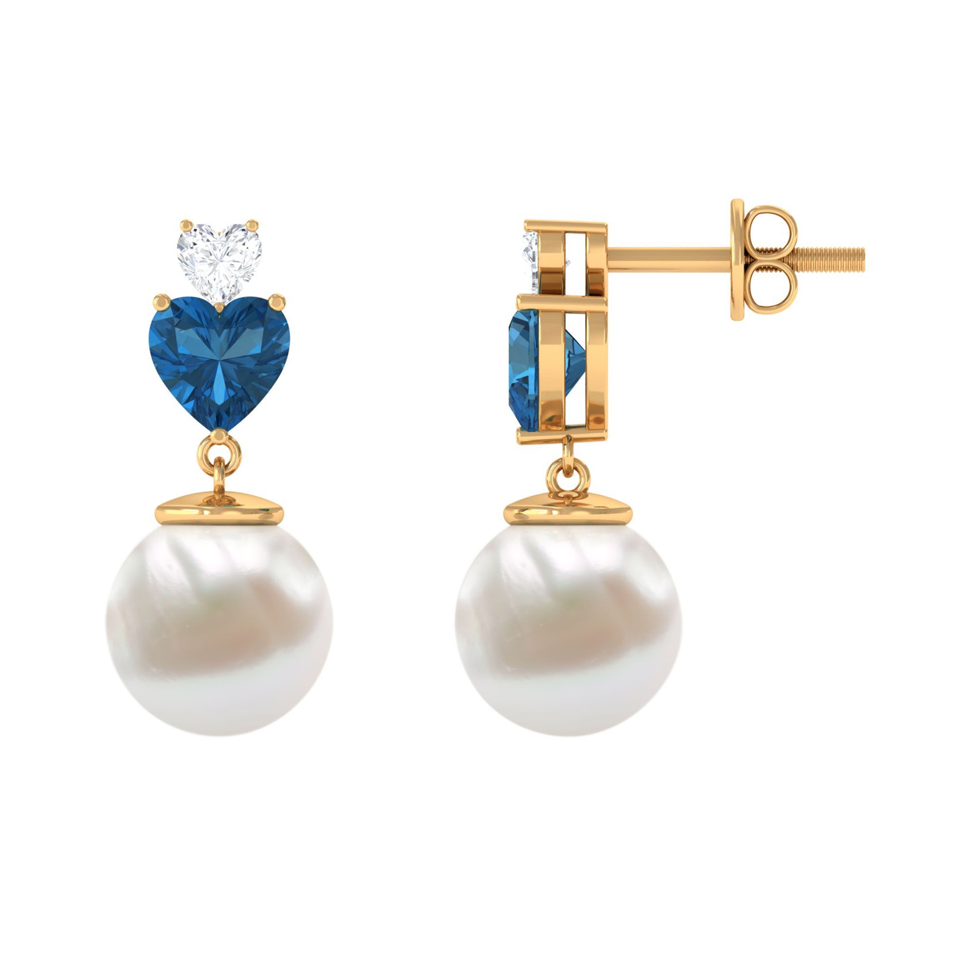 Freshwater Pearl Heart Stud Drop Earrings with London Blue Topaz