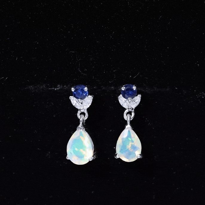 Ethiopian Opal and Created Blue Sapphire Dangle Earrings with Moissanite Ethiopian Opal - ( AAA ) - Quality - Rosec Jewels