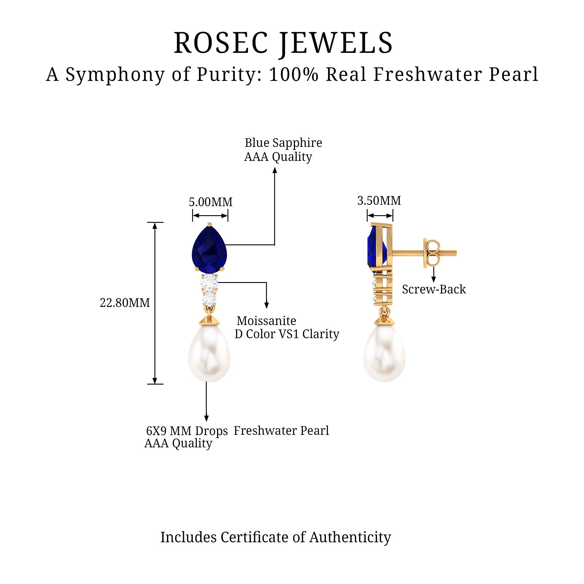 7.5 CT Blue Sapphire And Freshwater Pearl Dangle Earrings with Moissanite Blue Sapphire - ( AAA ) - Quality - Rosec Jewels