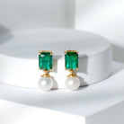 Octagon Cut Created Emerald and Freshwater Pearl Drop Earrings Freshwater Pearl - ( AAA ) - Quality - Rosec Jewels