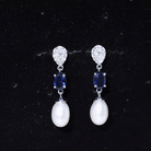 Oval Created Blue Sapphire and Freshwater Pearl Dangle Earrings with Moissanite Freshwater Pearl - ( AAA ) - Quality - Rosec Jewels