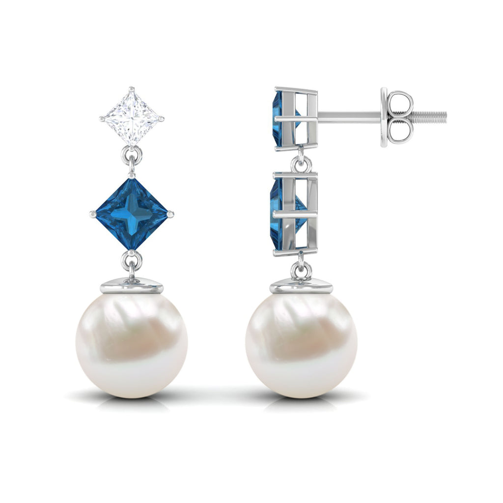 16.5 CT Freshwater Pearl and London Blue Topaz Dangle Drop Earrings with Moissanite Freshwater Pearl - ( AAA ) - Quality - Rosec Jewels