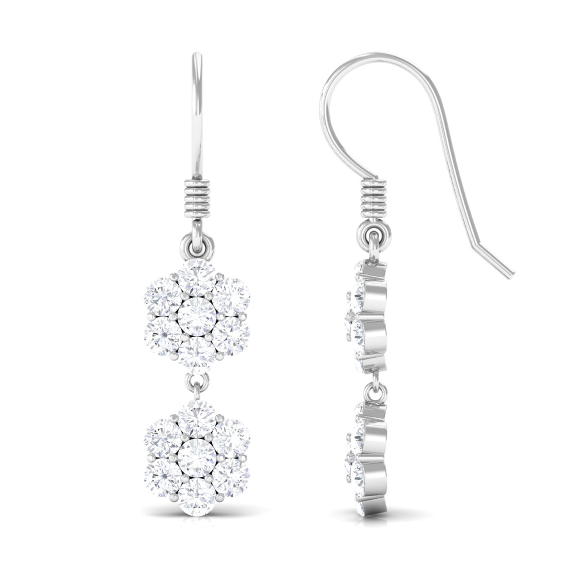 Round Cut Moissanite Twin Flower Dangle Earrings Moissanite - ( D-VS1 ) - Color and Clarity - Rosec Jewels