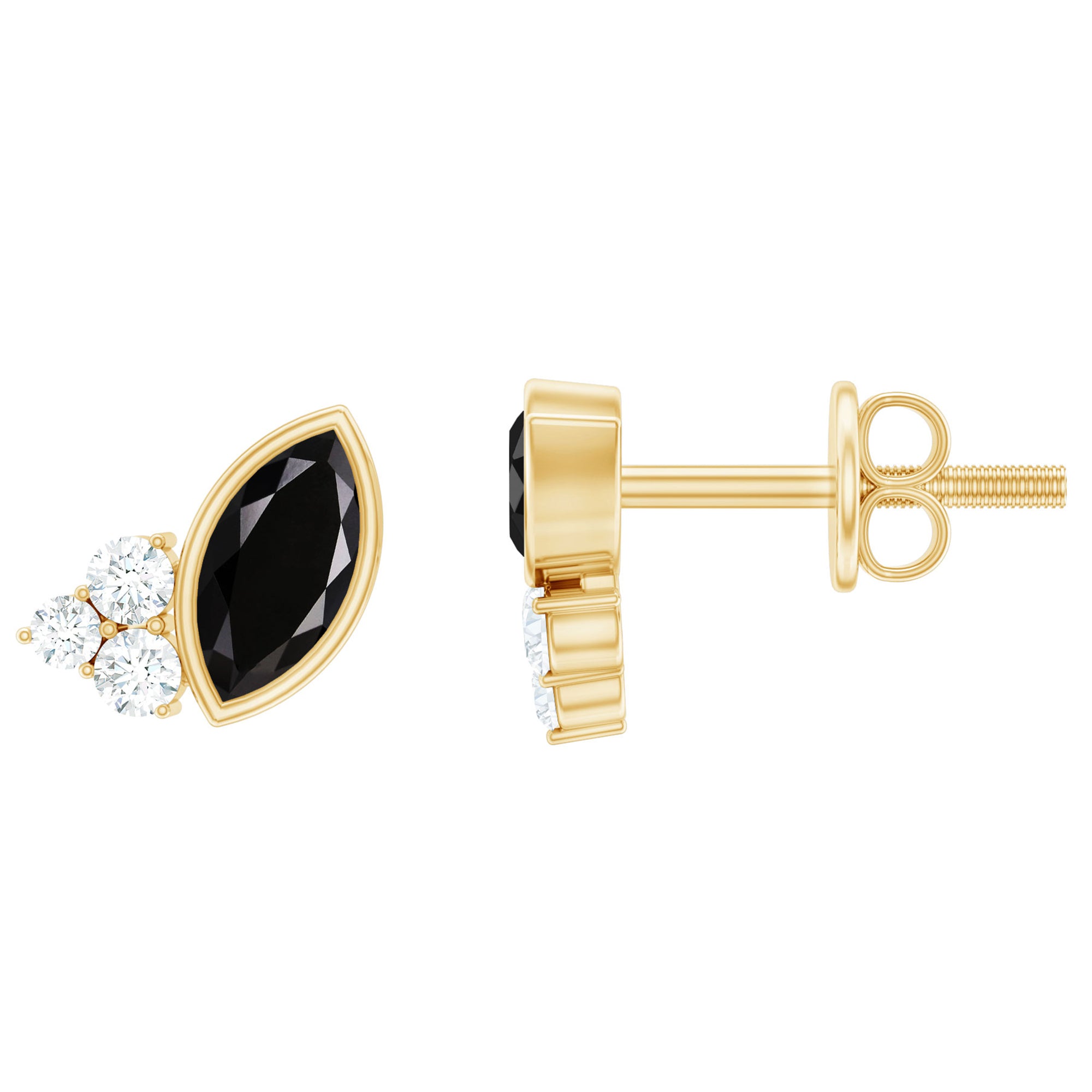 Natural Black Onyx Stud Earrings with Diamond Trio