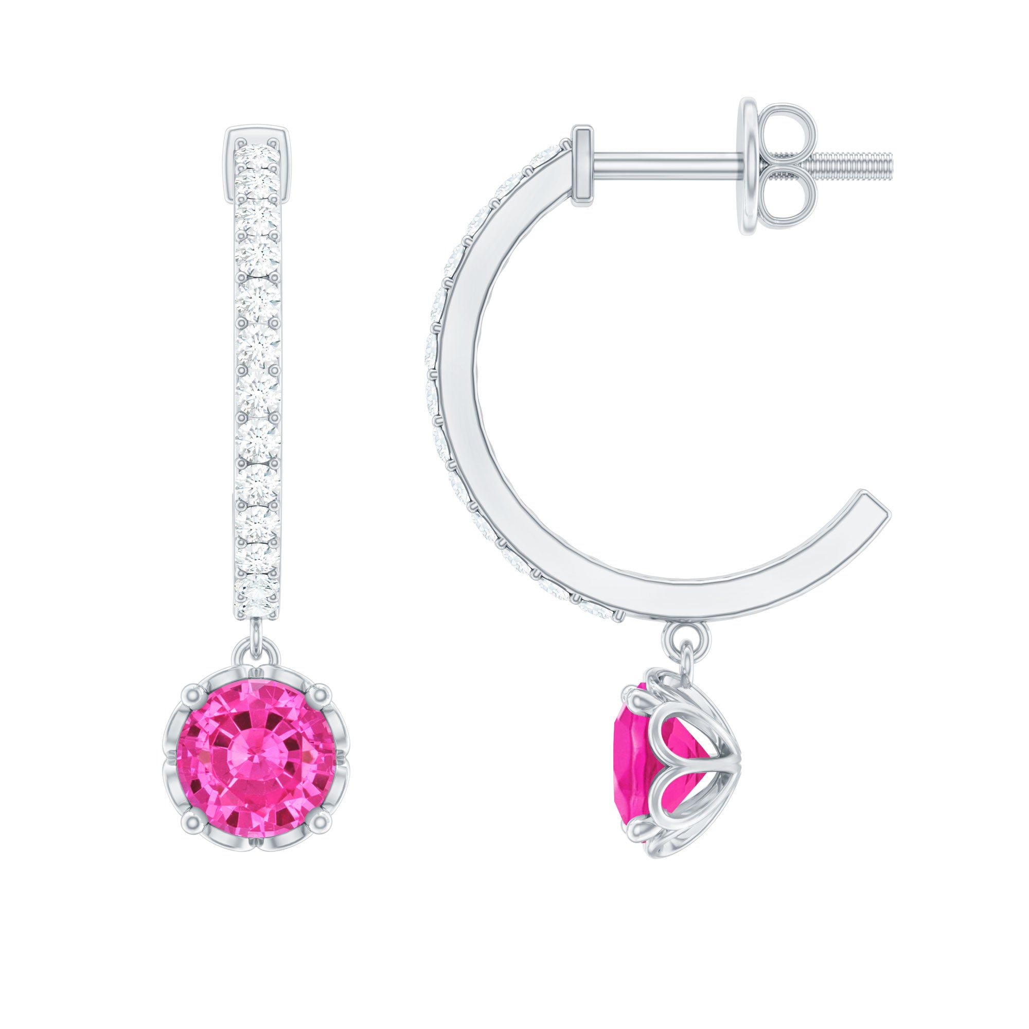 Lab Created Pink Sapphire and Diamond Hoop Drop Earrings