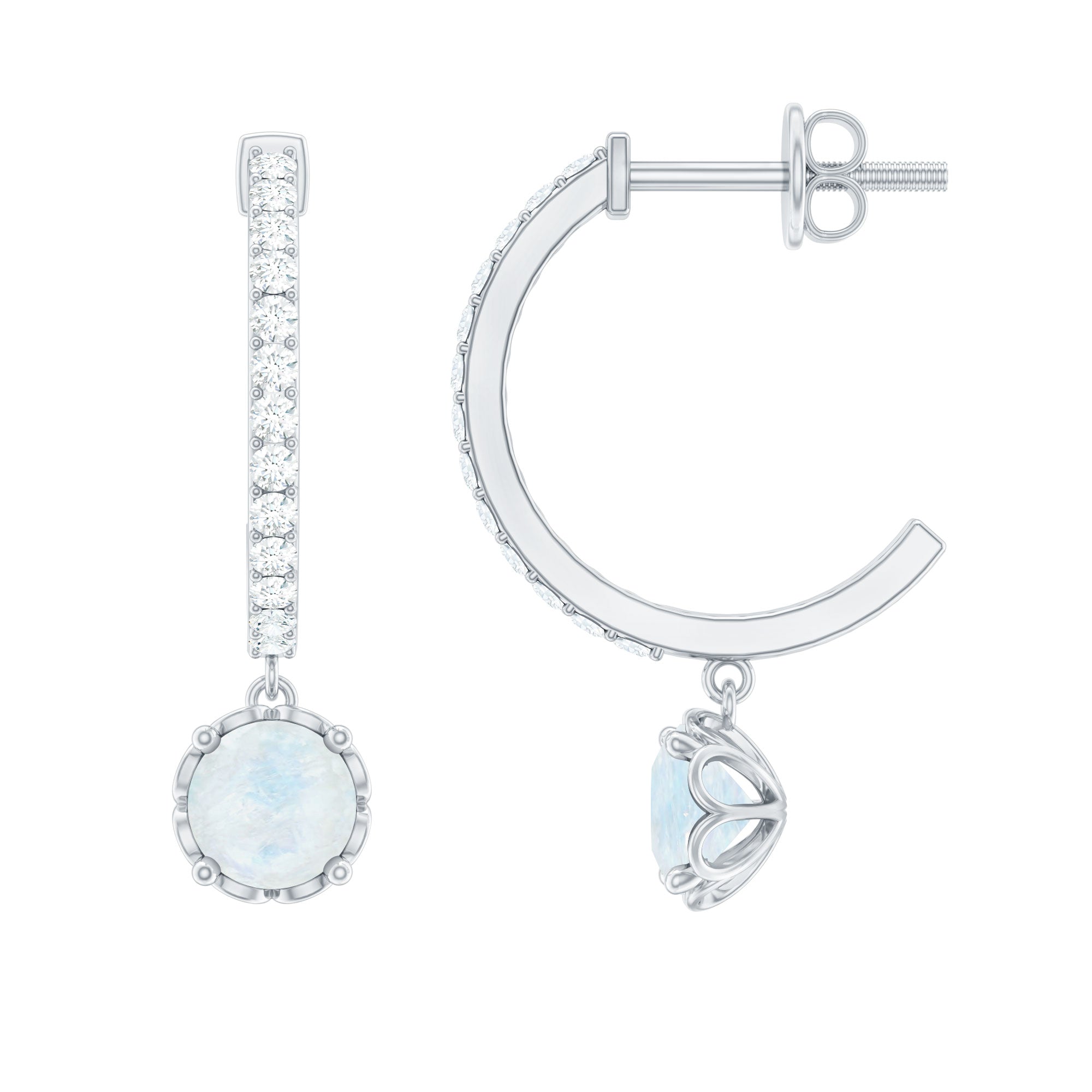 Minimal Round Moonstone Hoop Drop Earrings with Diamond