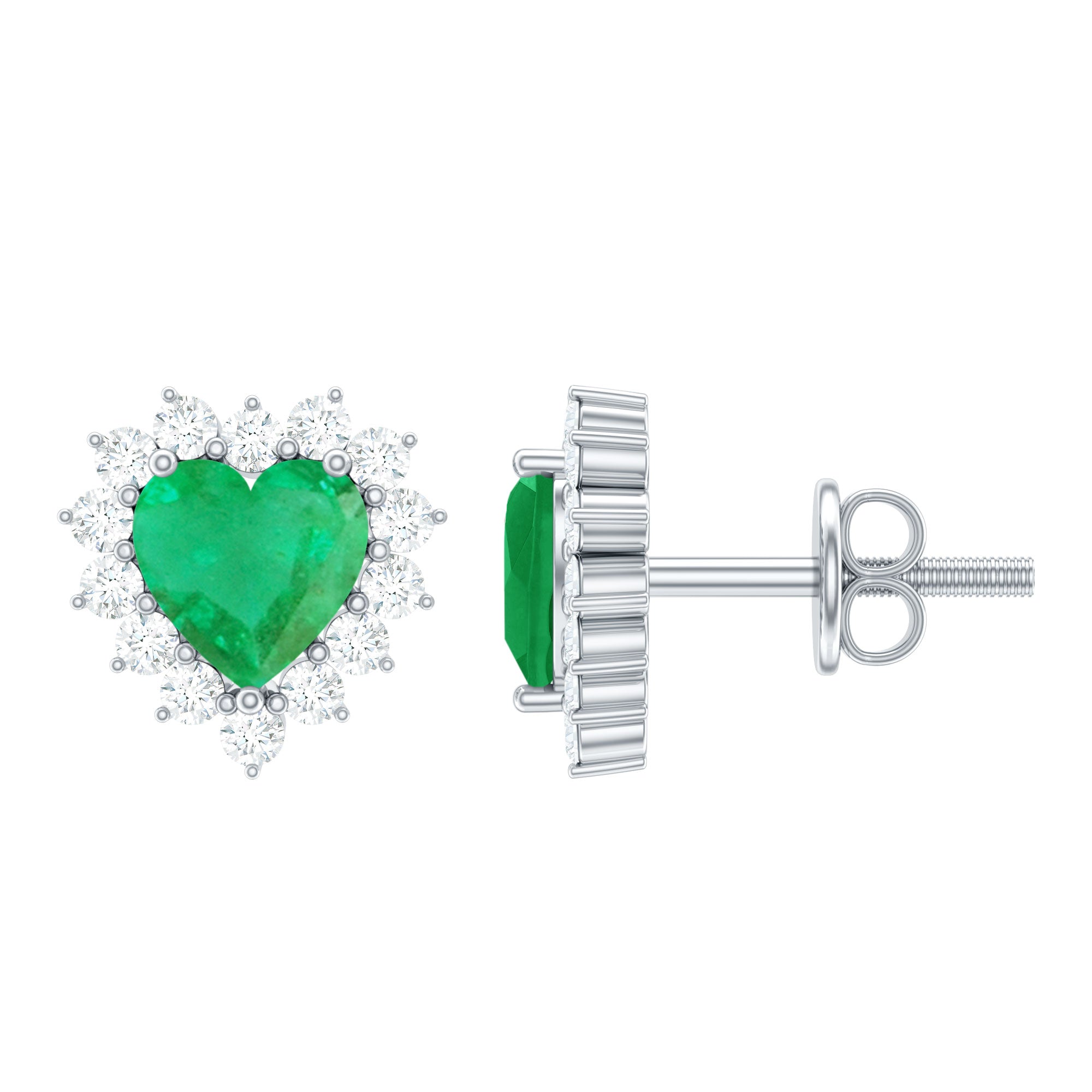 Heart Shape Emerald Stud Earrings with Diamond