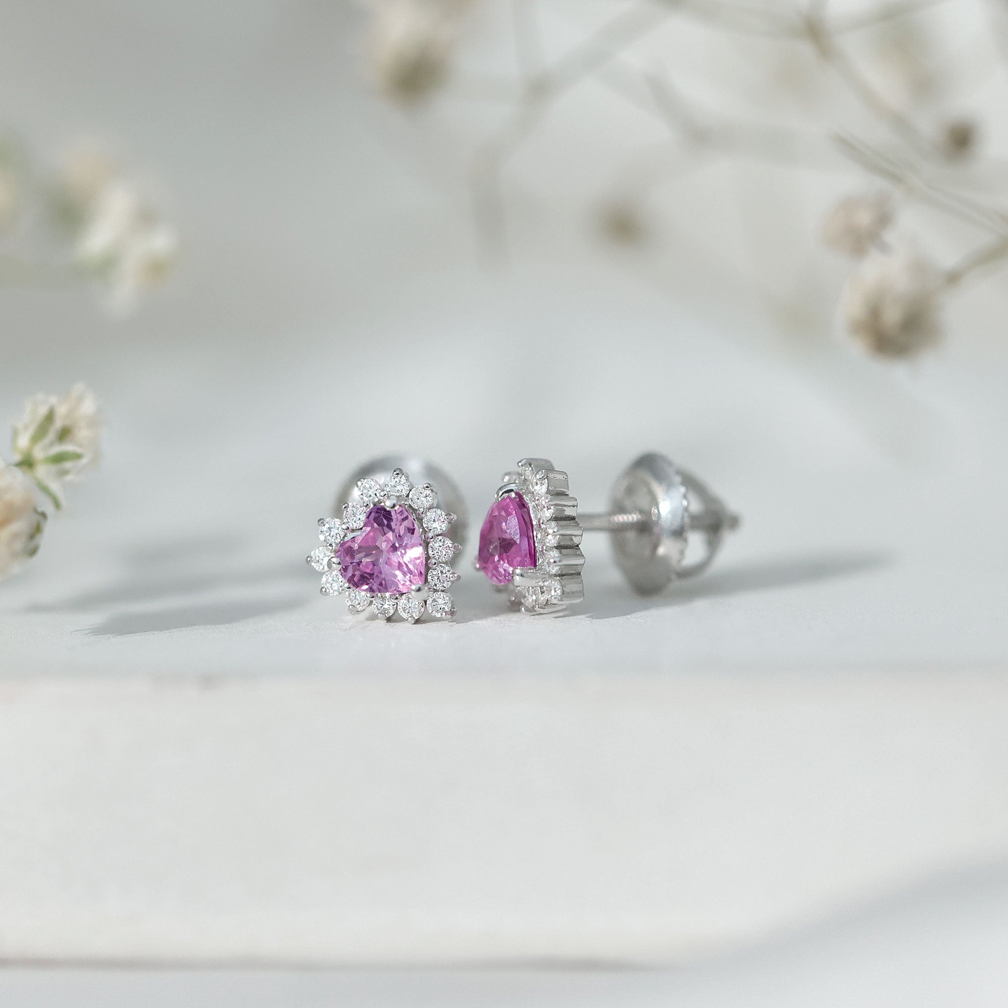 0.6 Carat Lab Grown Pink Sapphire Heart Stud Earrings with Diamond Halo AAAA 92.5 Sterling Silver - Rosec Jewels