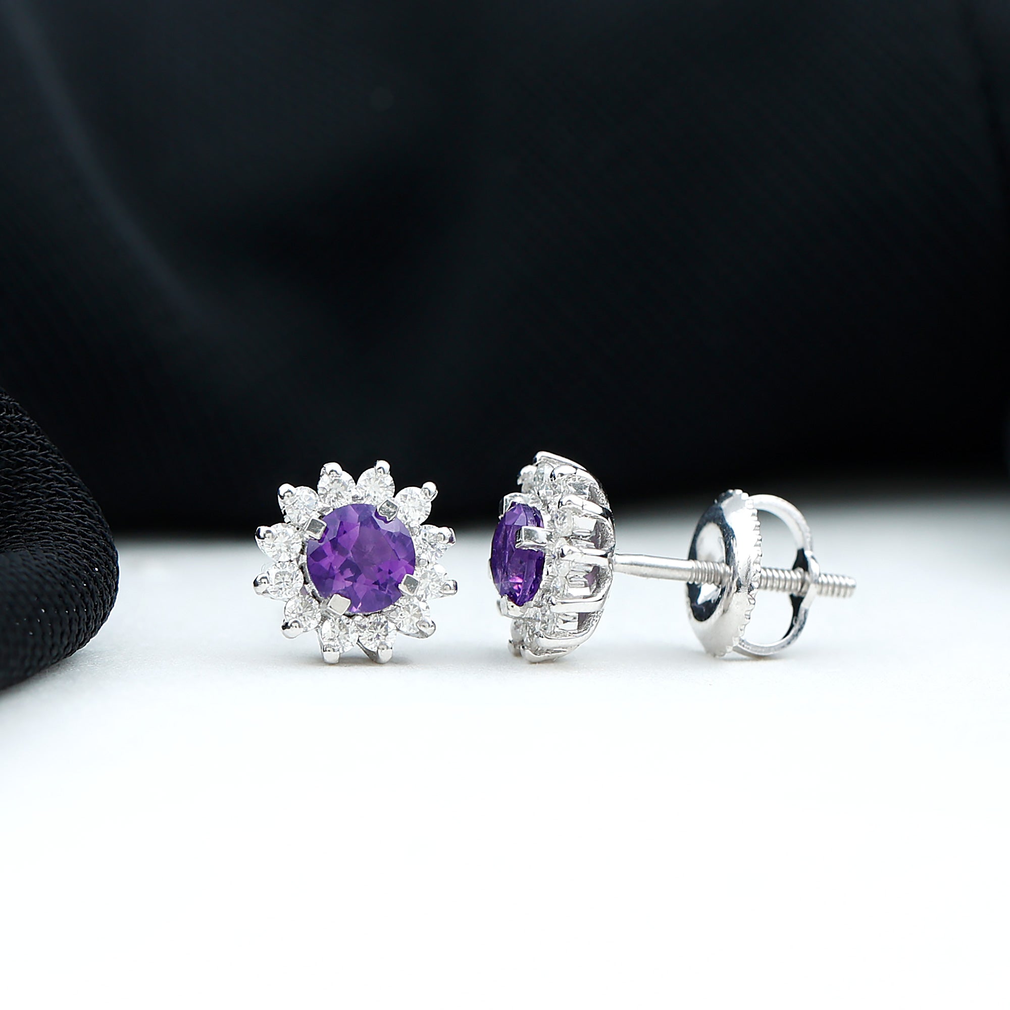 Real Amethyst Halo Stud Earrings with Moissanite Amethyst - ( AAA ) - Quality 92.5 Sterling Silver - Rosec Jewels