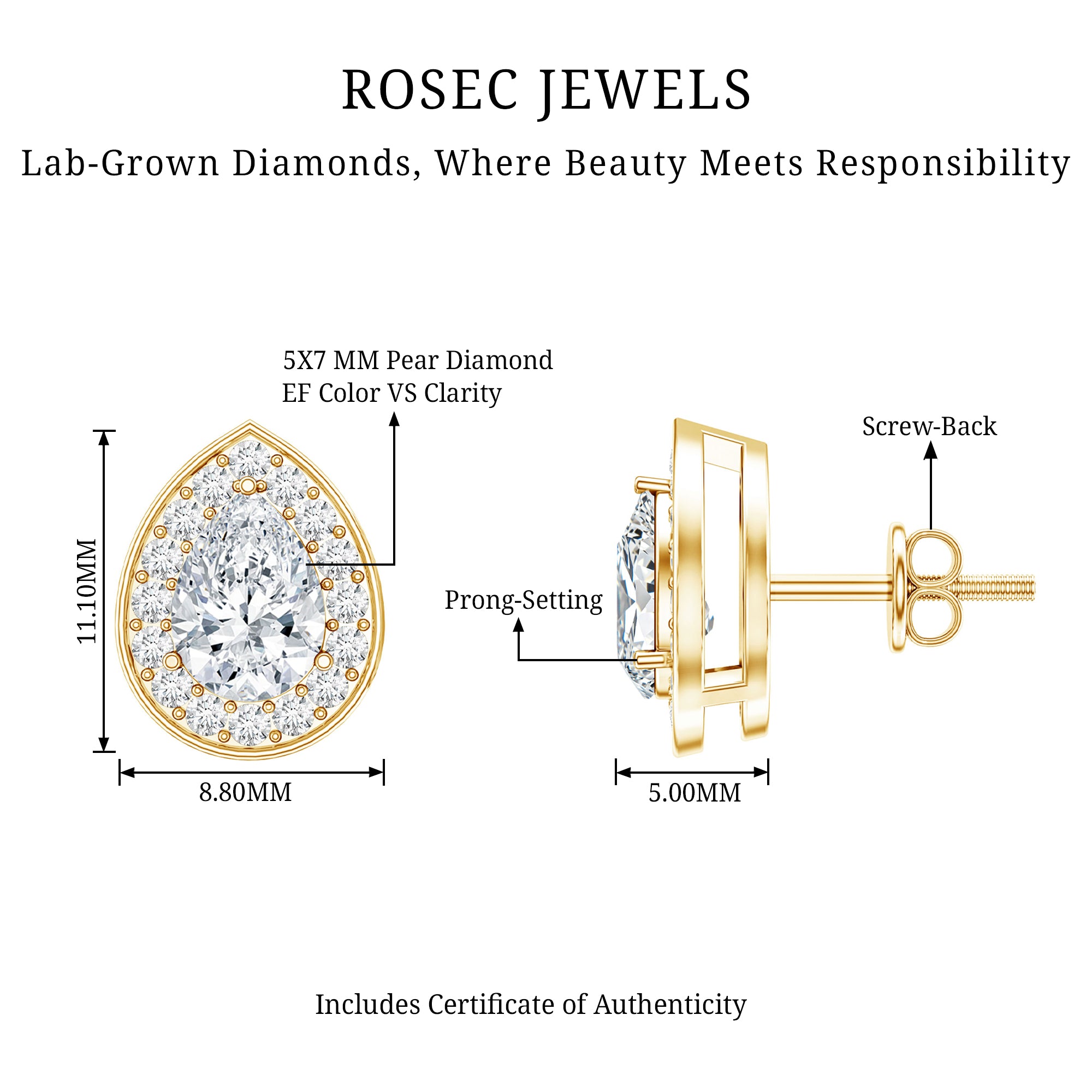 Pear Shape Lab Grown Diamond Classic Halo Stud Earrings Lab - ( EF-VS ) - Rosec Jewels