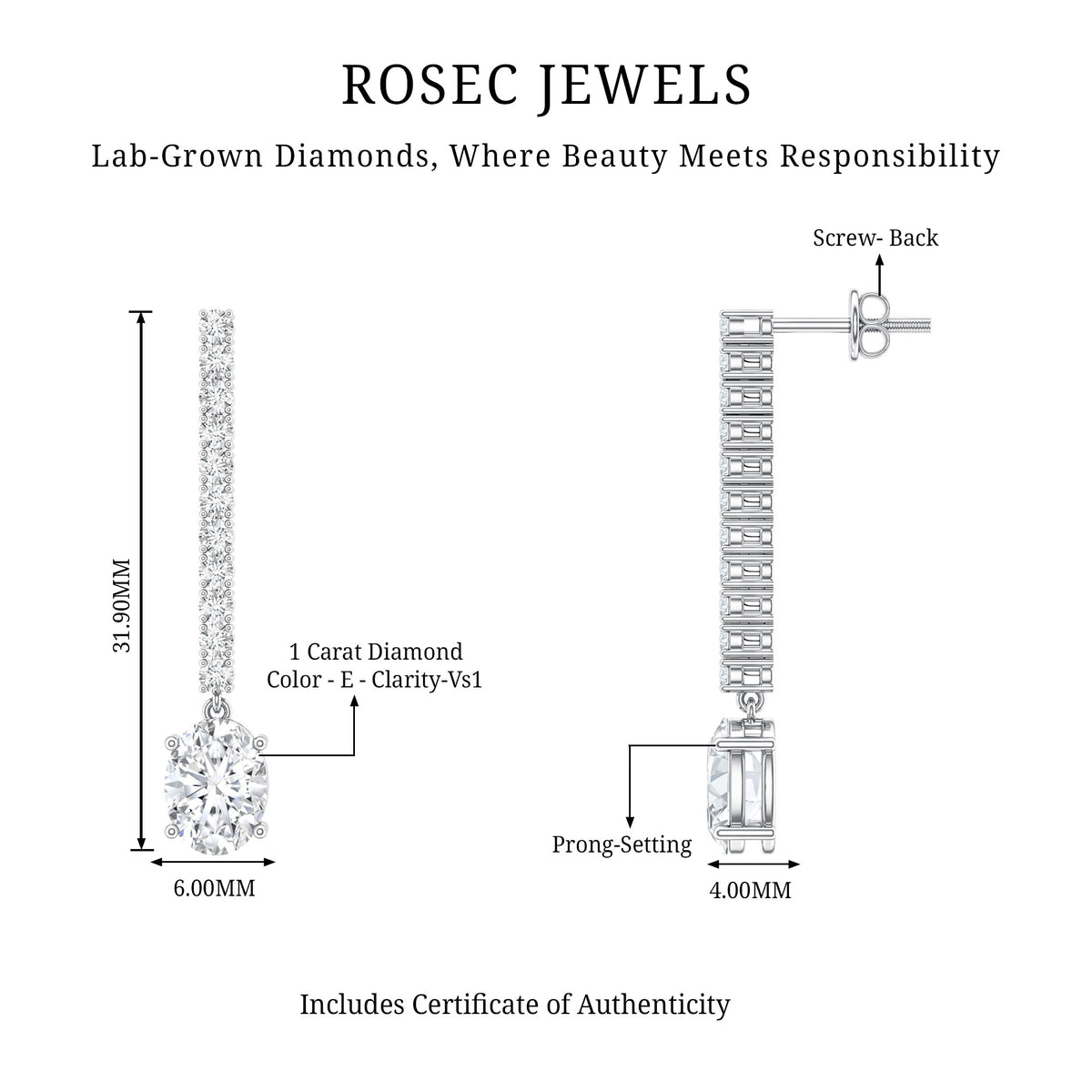 2 Carat Lab Grown Diamond Bridal Drop Earrings with IGI Certificate Lab - ( E-VS1 ) - Rosec Jewels