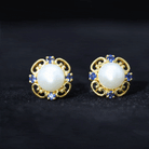 Vintage Freshwater Pearl Stud Earrings with Created Blue Sapphire Freshwater Pearl - ( AAA ) - Quality - Rosec Jewels