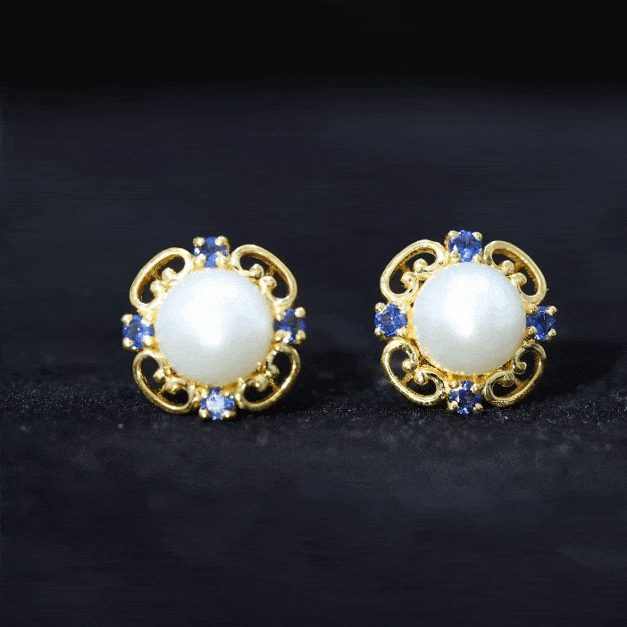 Vintage Freshwater Pearl Stud Earrings with Created Blue Sapphire Freshwater Pearl - ( AAA ) - Quality - Rosec Jewels