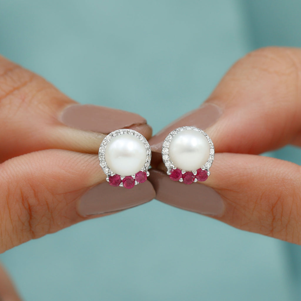 Freshwater Pearl and Ruby Stud Earrings with Diamond Halo Freshwater Pearl - ( AAA ) - Quality - Rosec Jewels