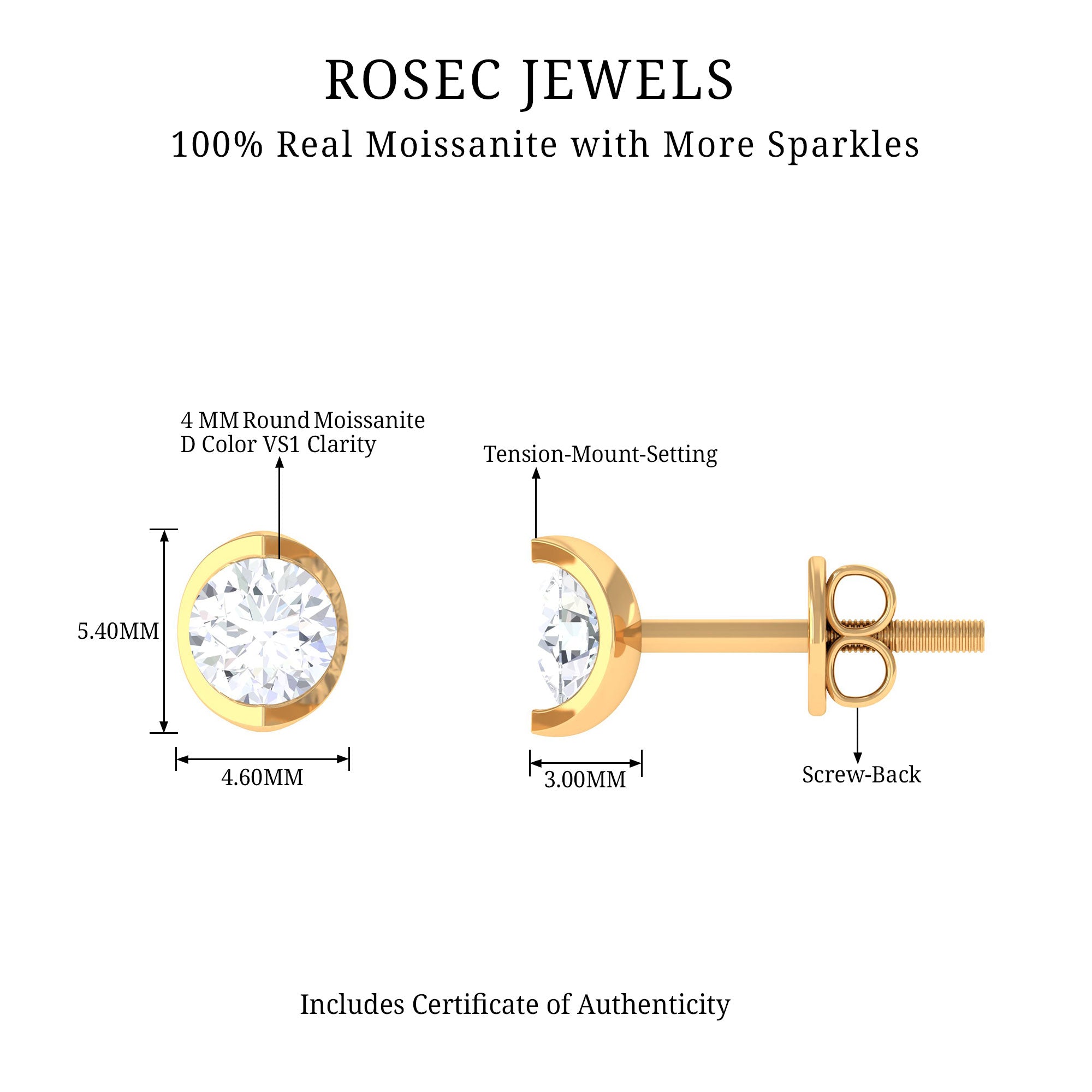 3/4 CT Round Moissanite Solitaire Stud Earrings in Gold Moissanite - ( D-VS1 ) - Color and Clarity - Rosec Jewels