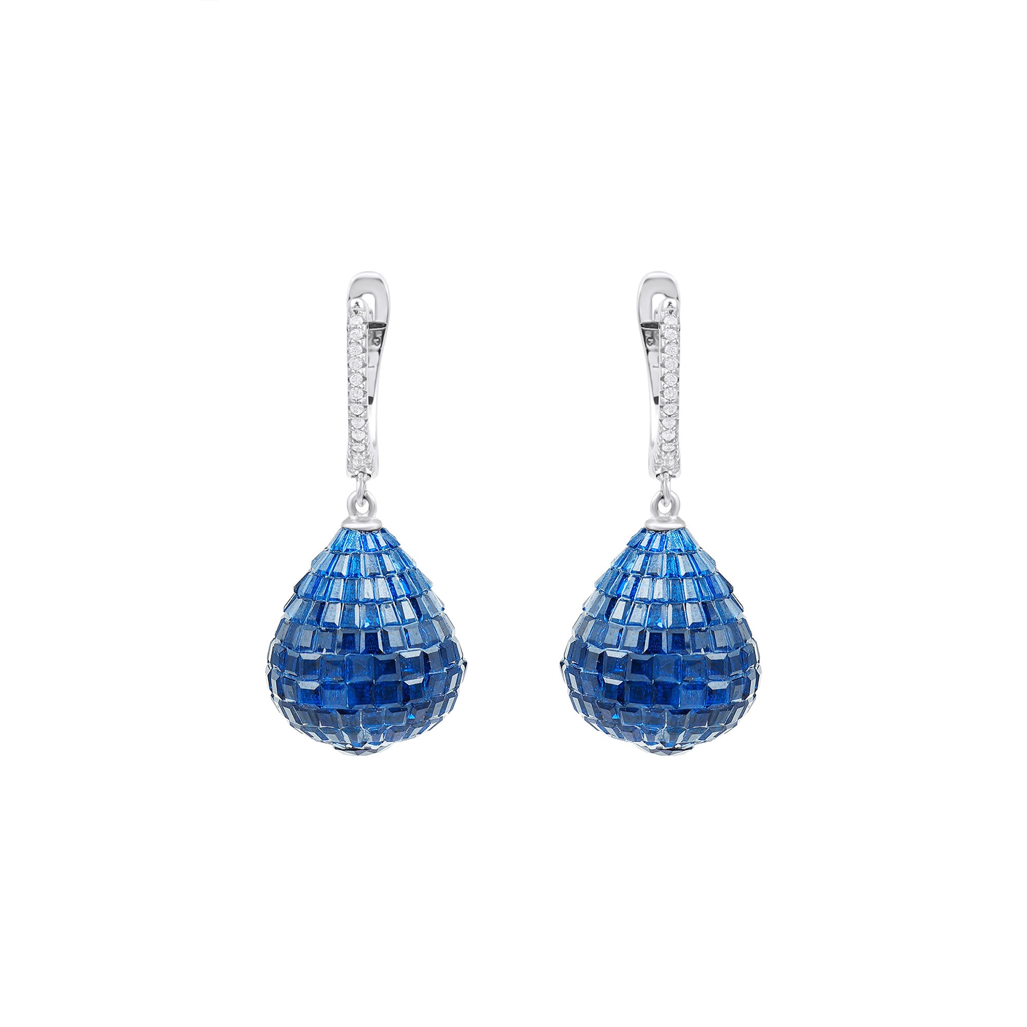 Created Blue Sapphire Hoop Drop Earrings in Silver - Rosec Jewels