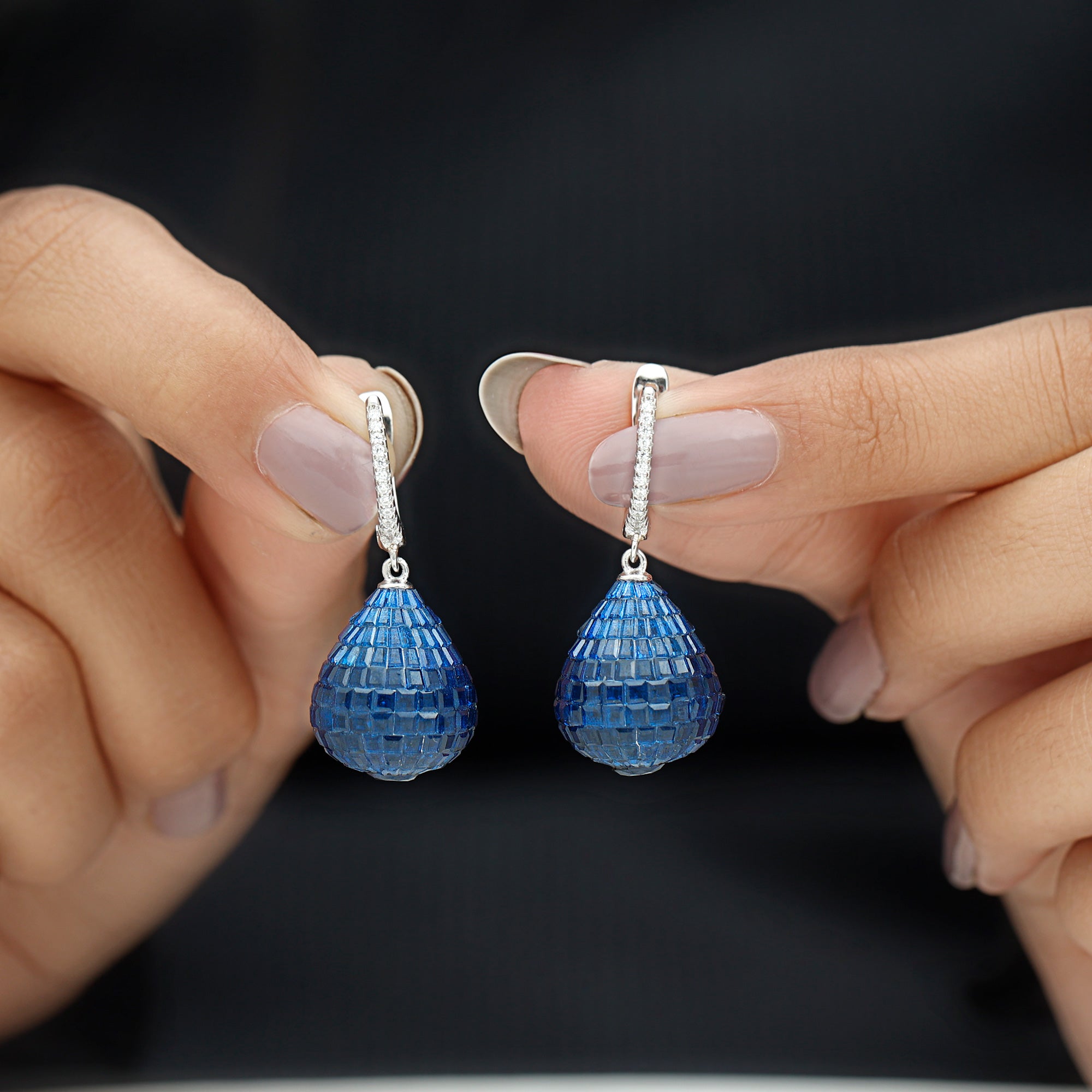 Created Blue Sapphire Hoop Drop Earrings in Silver - Rosec Jewels