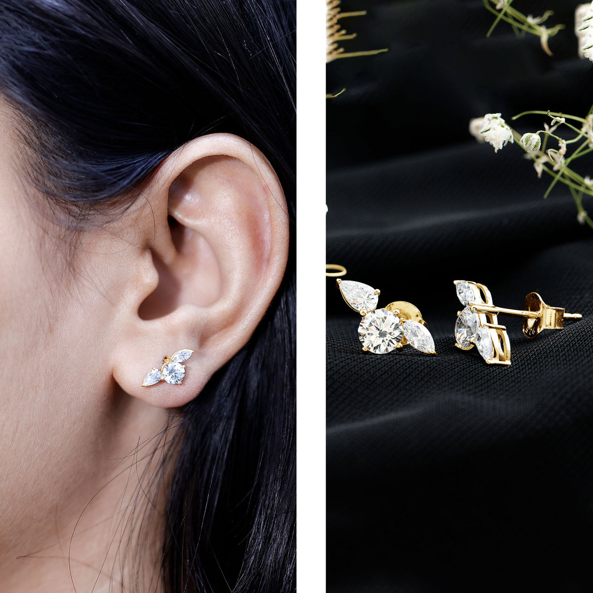 Rosec Jewels-Unique Lab Grown Diamond Three Stone Stud Earrings for Women