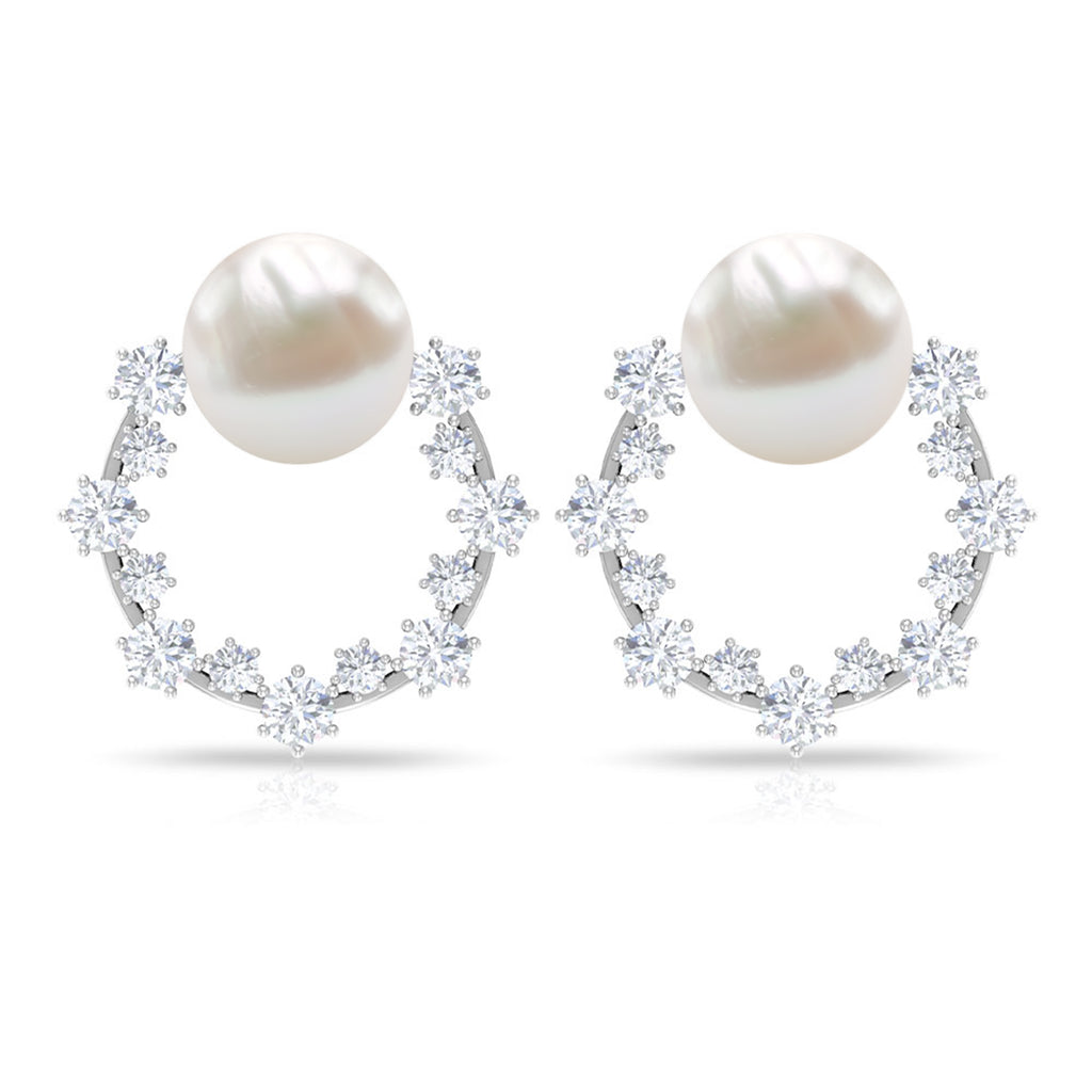 7.25 CT Freshwater Pearl and Diamond Open Circle Stud Earrings Freshwater Pearl - ( AAA ) - Quality - Rosec Jewels