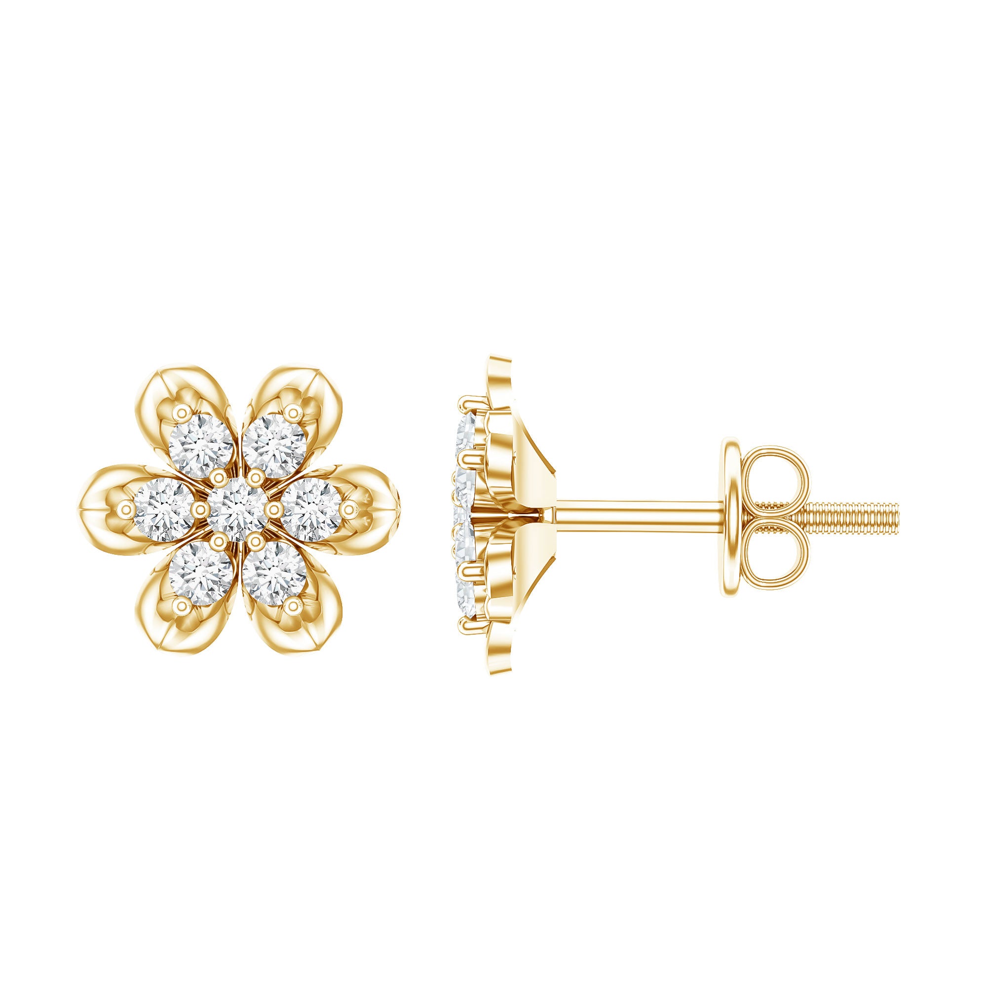 Brilliant Cut Diamond Flower Stud Earrings with Screw Back Natural - ( HI-SI ) - Rosec Jewels