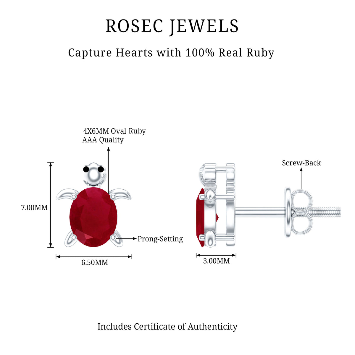 1.2 Carat Turtle Stud Earrings with Oval Cut Ruby AAA - Rosec Jewels