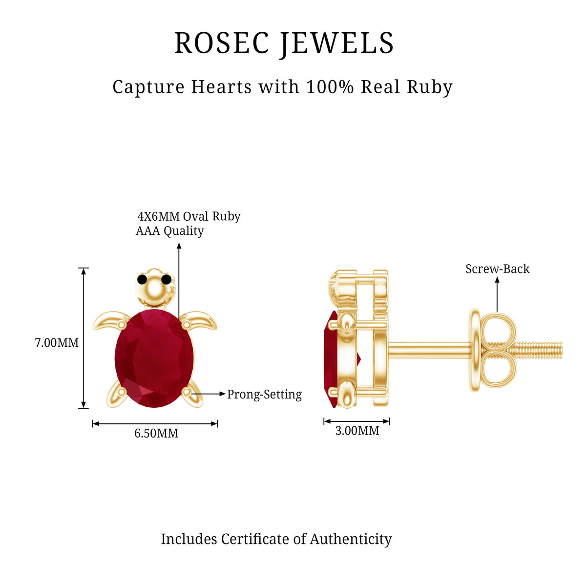 1.2 Carat Turtle Stud Earrings with Oval Cut Ruby AAA - Rosec Jewels