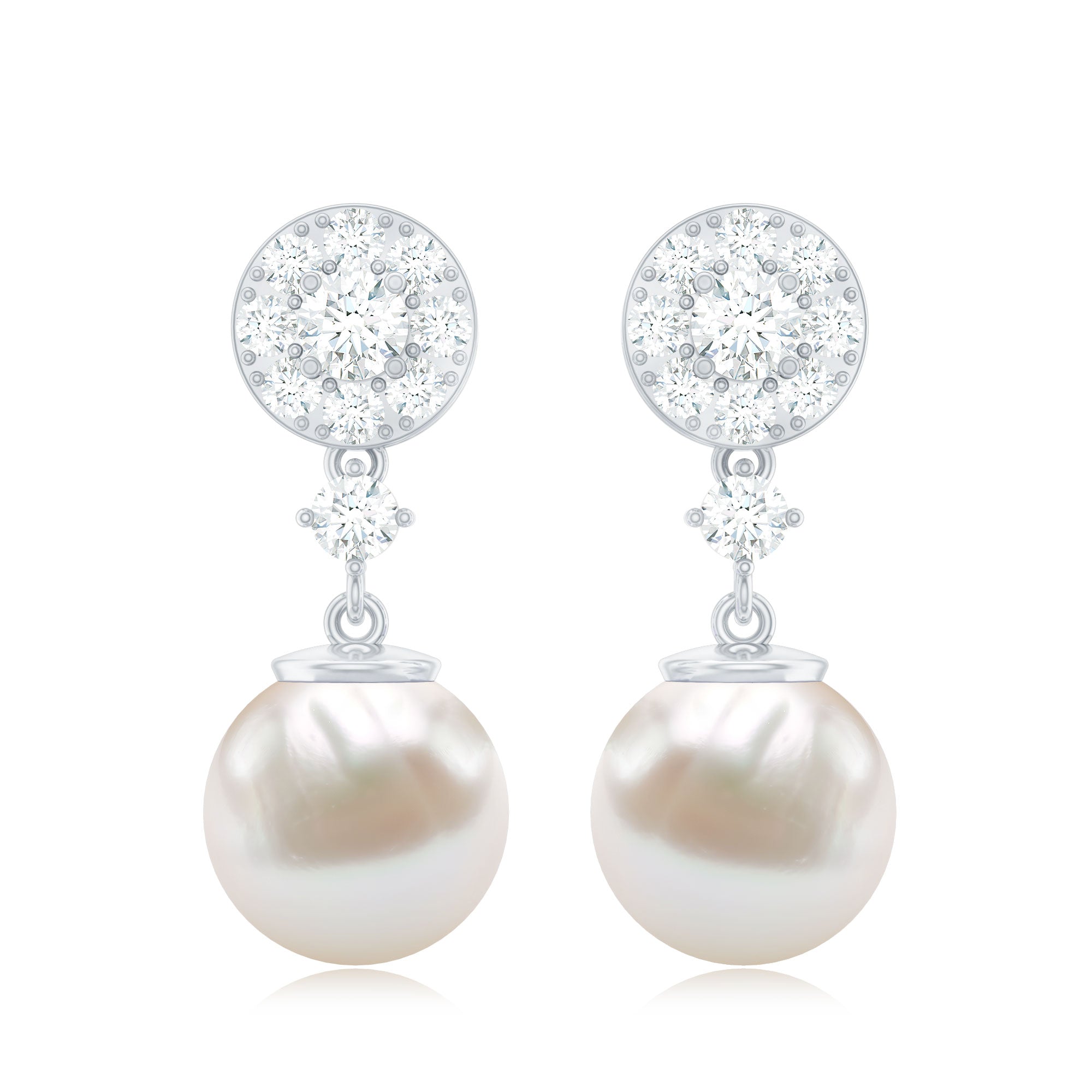 Genuine 6 Carat Freshwater Cultured Pearl Drop Earrings with Diamonds AAA - Rosec Jewels