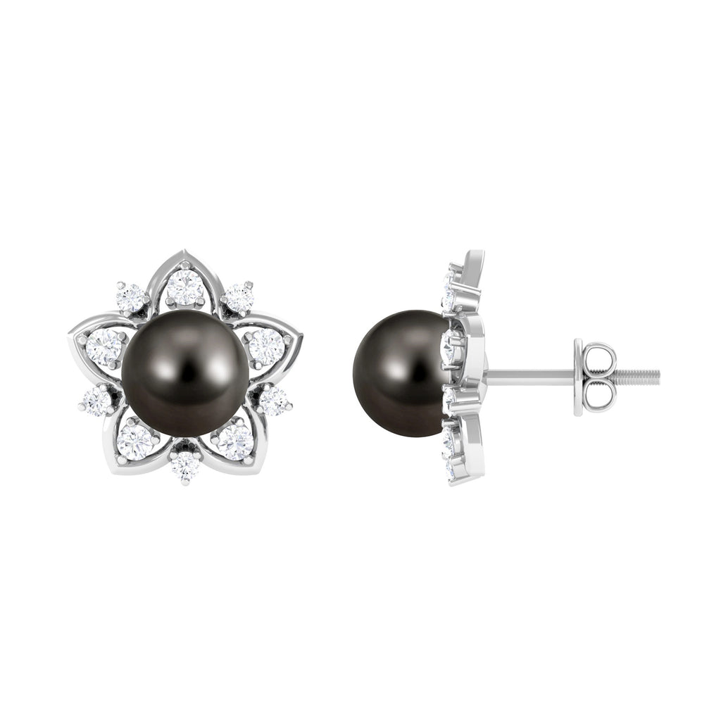 Tahitian Pearl and Diamond Flower Stud Earrings Tahitian pearl - ( AAA ) - Quality - Rosec Jewels