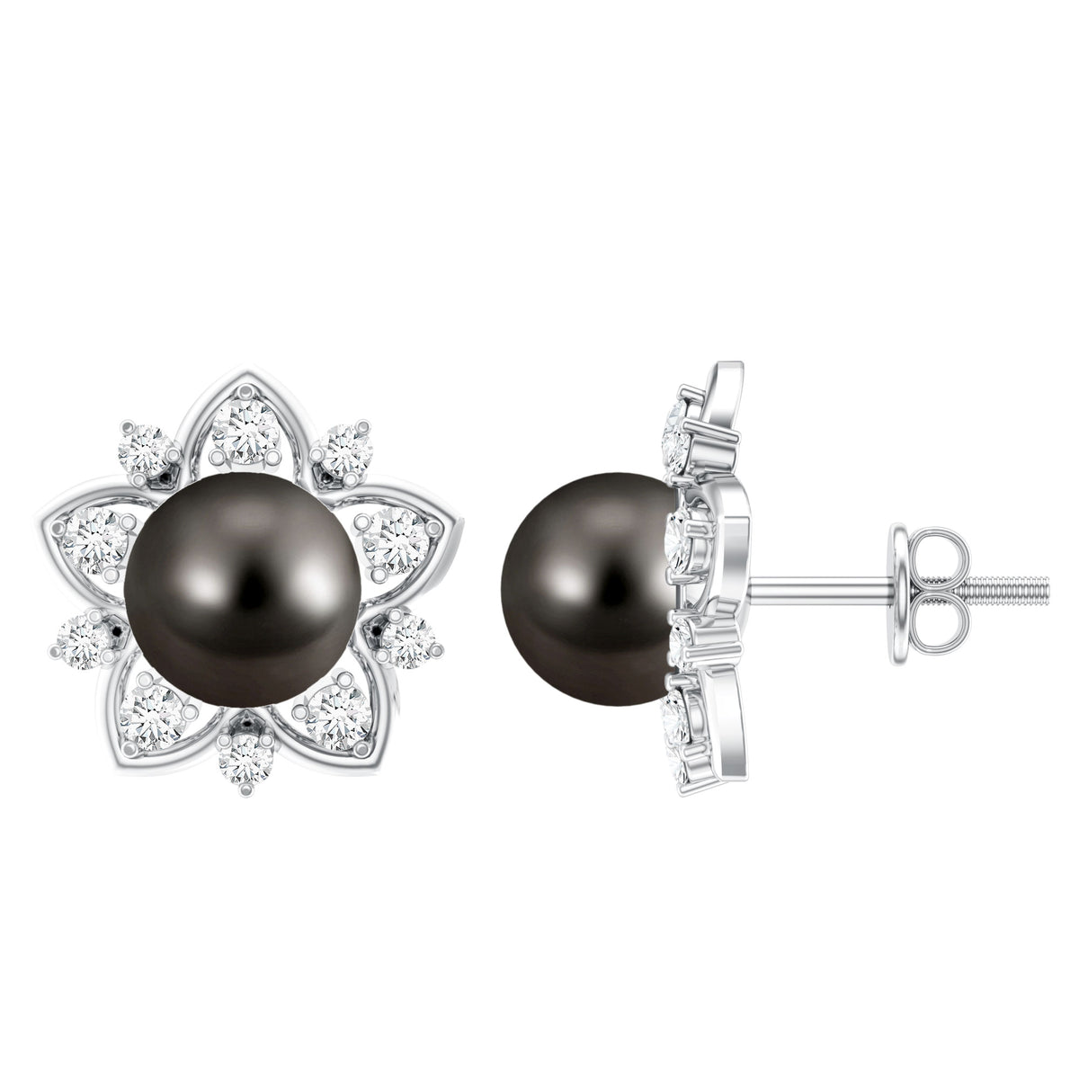 Genuine Tahitian Black Pearl and Diamond Flower Stud Earrings AAA - Rosec Jewels