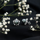 Genuine Tahitian Black Pearl and Diamond Flower Stud Earrings AAA - Rosec Jewels