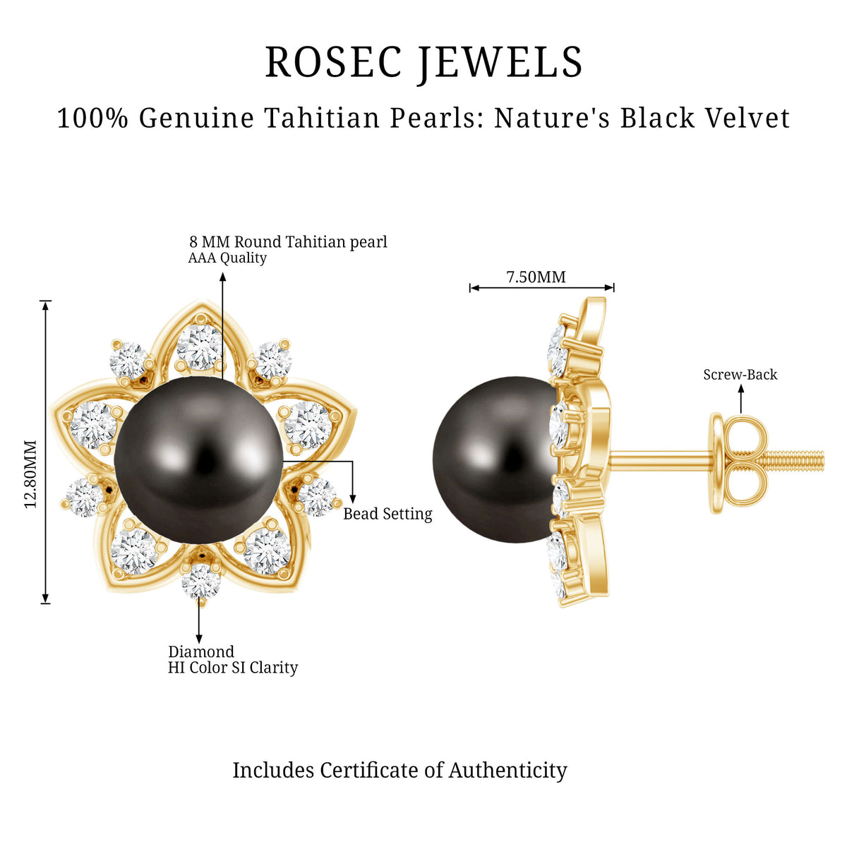 Genuine Tahitian Black Pearl and Diamond Flower Stud Earrings AAA - Rosec Jewels
