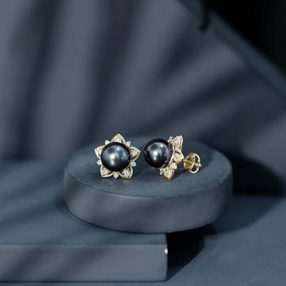 Genuine Tahitian Black Pearl and Diamond Flower Stud Earrings AAA - Rosec Jewels