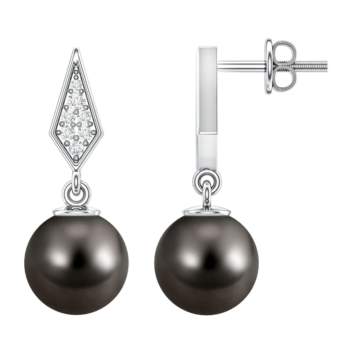 Art Deco Inspired Tahitian Pearl and Diamond Drop Earrings AAA - Rosec Jewels