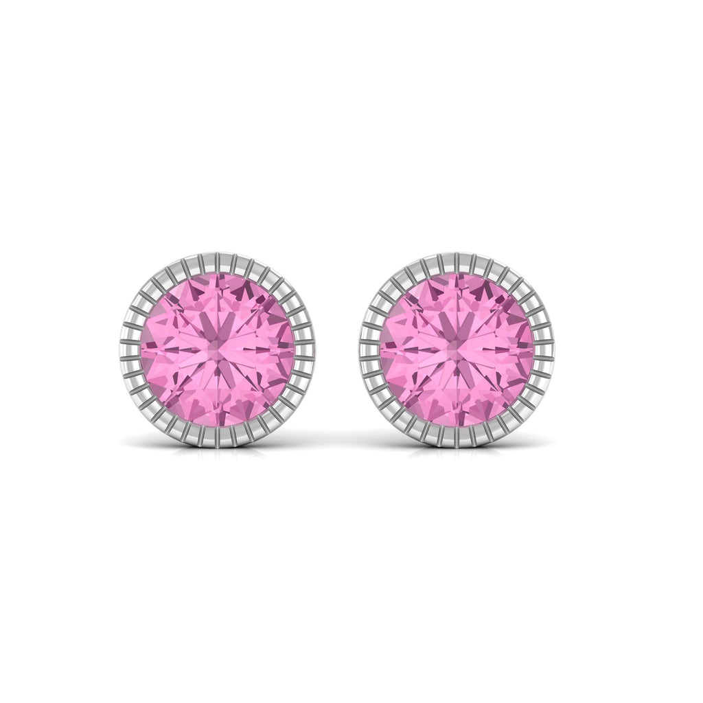 Engraved Bezel Set Pink Tourmaline Gold Solitaire Stud Earring Pink Tourmaline - ( AAA ) - Quality - Rosec Jewels