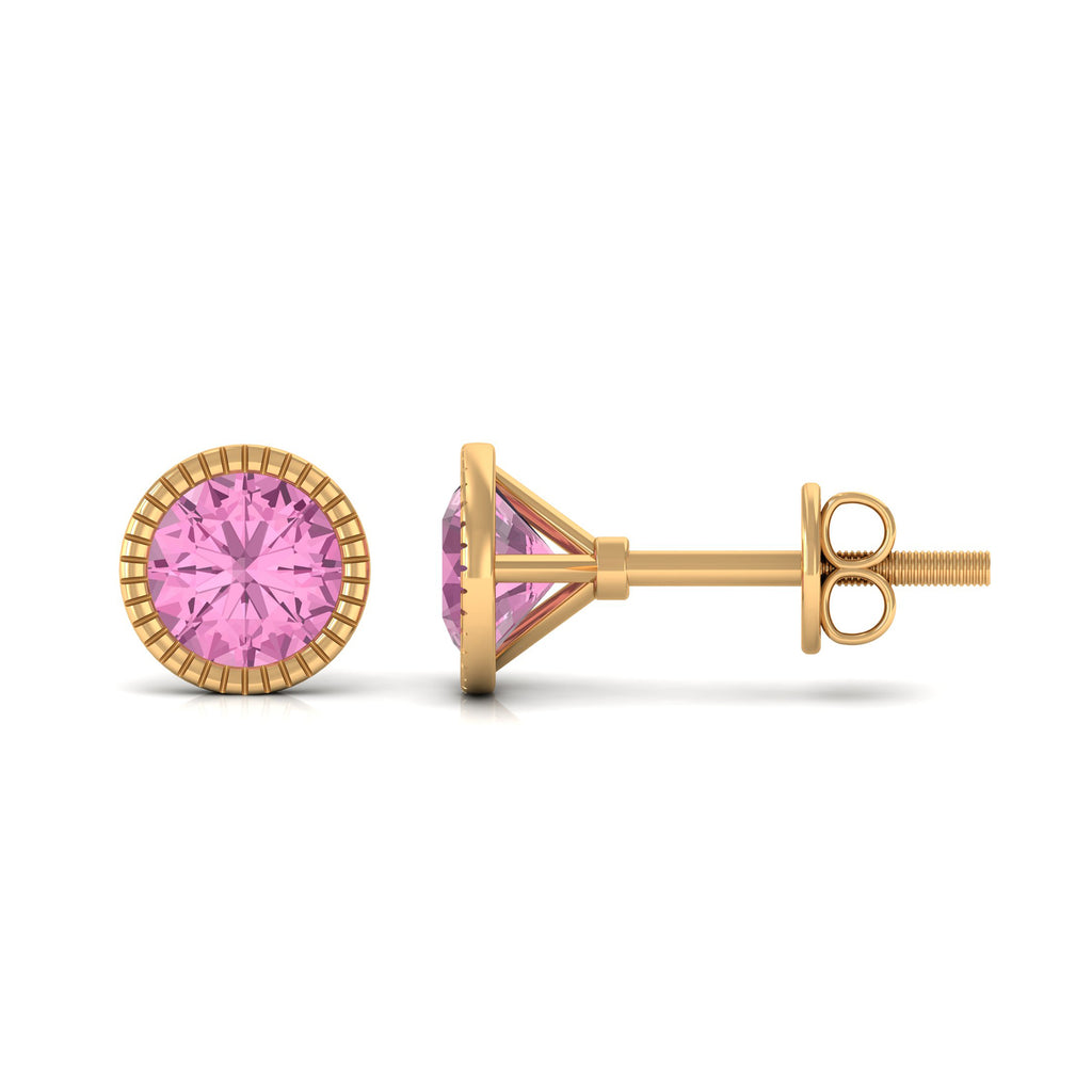 Engraved Bezel Set Pink Tourmaline Gold Solitaire Stud Earring Pink Tourmaline - ( AAA ) - Quality - Rosec Jewels