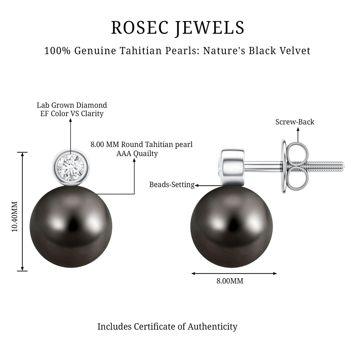 Genuine Tahitian Black Pearl Stud Earrings For Women AAA - Rosec Jewels