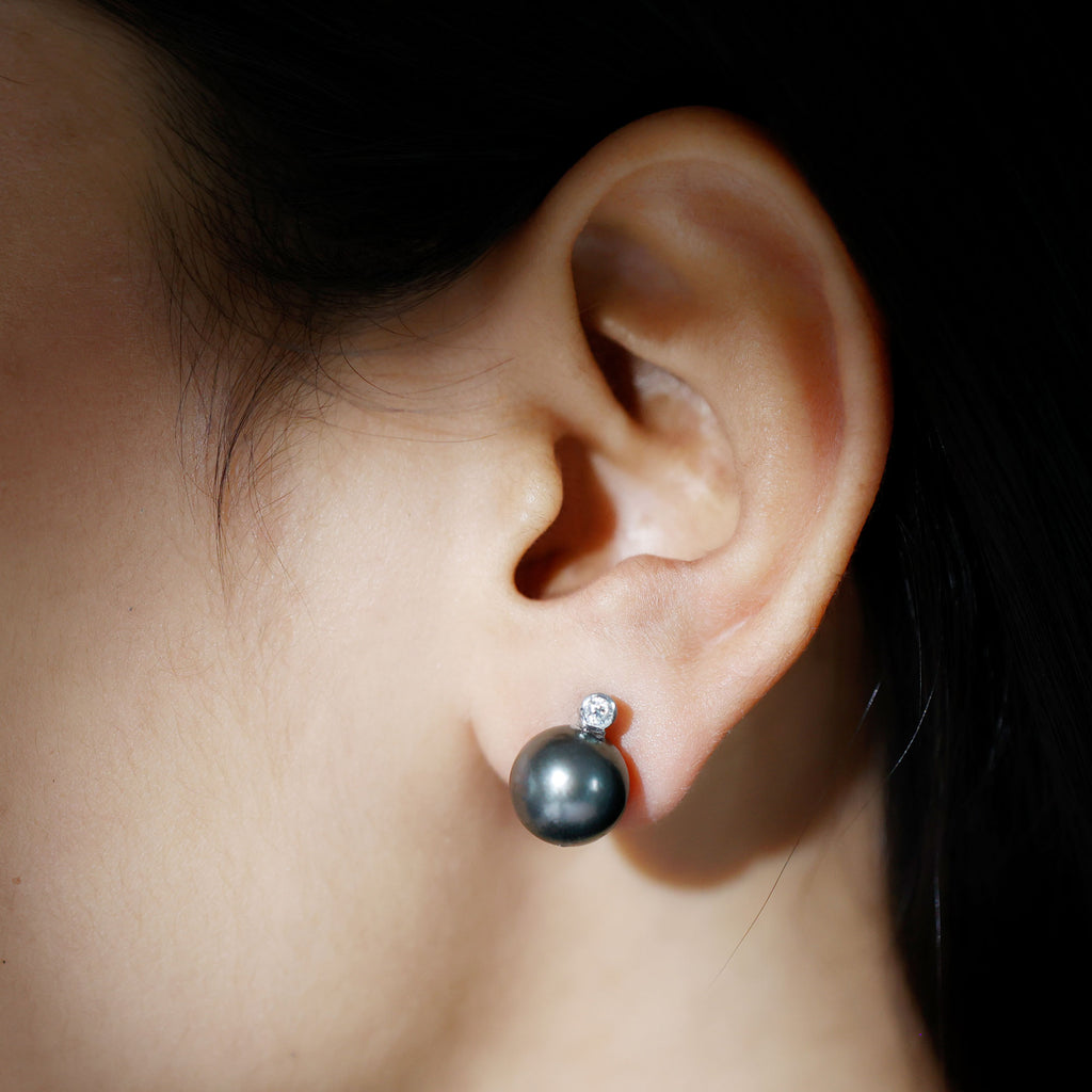 Tahitian Pearl Stud Earrings with Bead Set Moissanite Tahitian pearl - ( AAA ) - Quality - Rosec Jewels