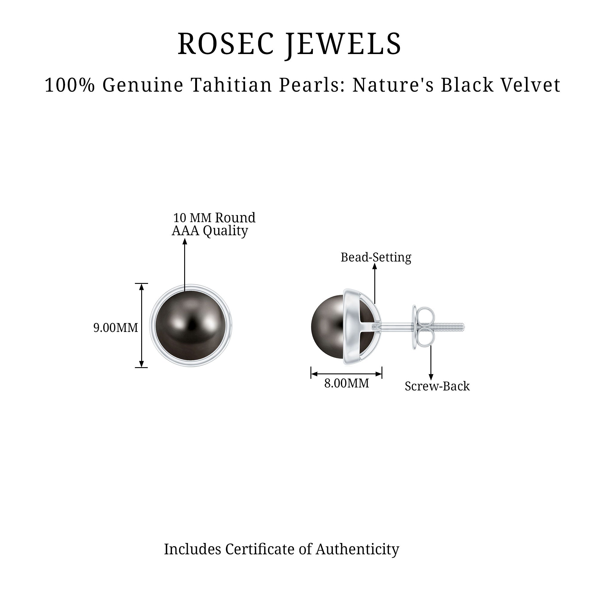 9 MM Round Cut Tahitian Pearl Solitaire Stud EarRing in Bezel Setting Tahitian pearl - ( AAA ) - Quality - Rosec Jewels