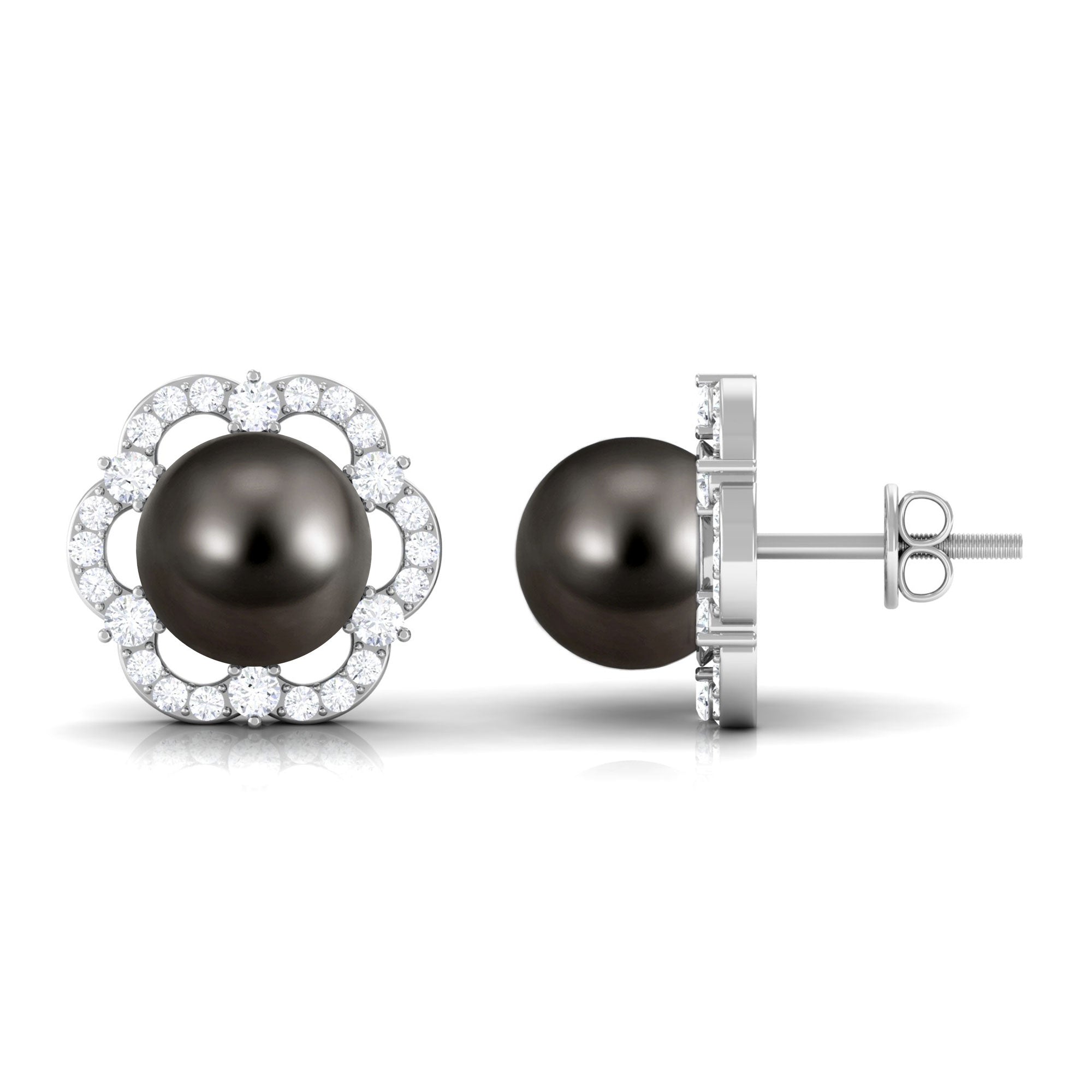 Floral Tahitian Pearl Stud Earrings with Diamond Tahitian pearl - ( AAA ) - Quality - Rosec Jewels
