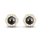 Floral Tahitian Pearl Stud Earrings with Diamond Tahitian pearl - ( AAA ) - Quality - Rosec Jewels